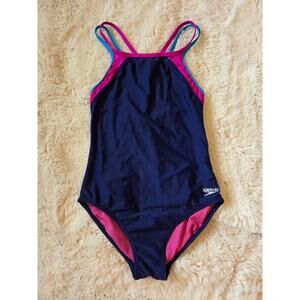 Speedo One Piece Racerback Blue Pink Swimsuit size 14 Girls
